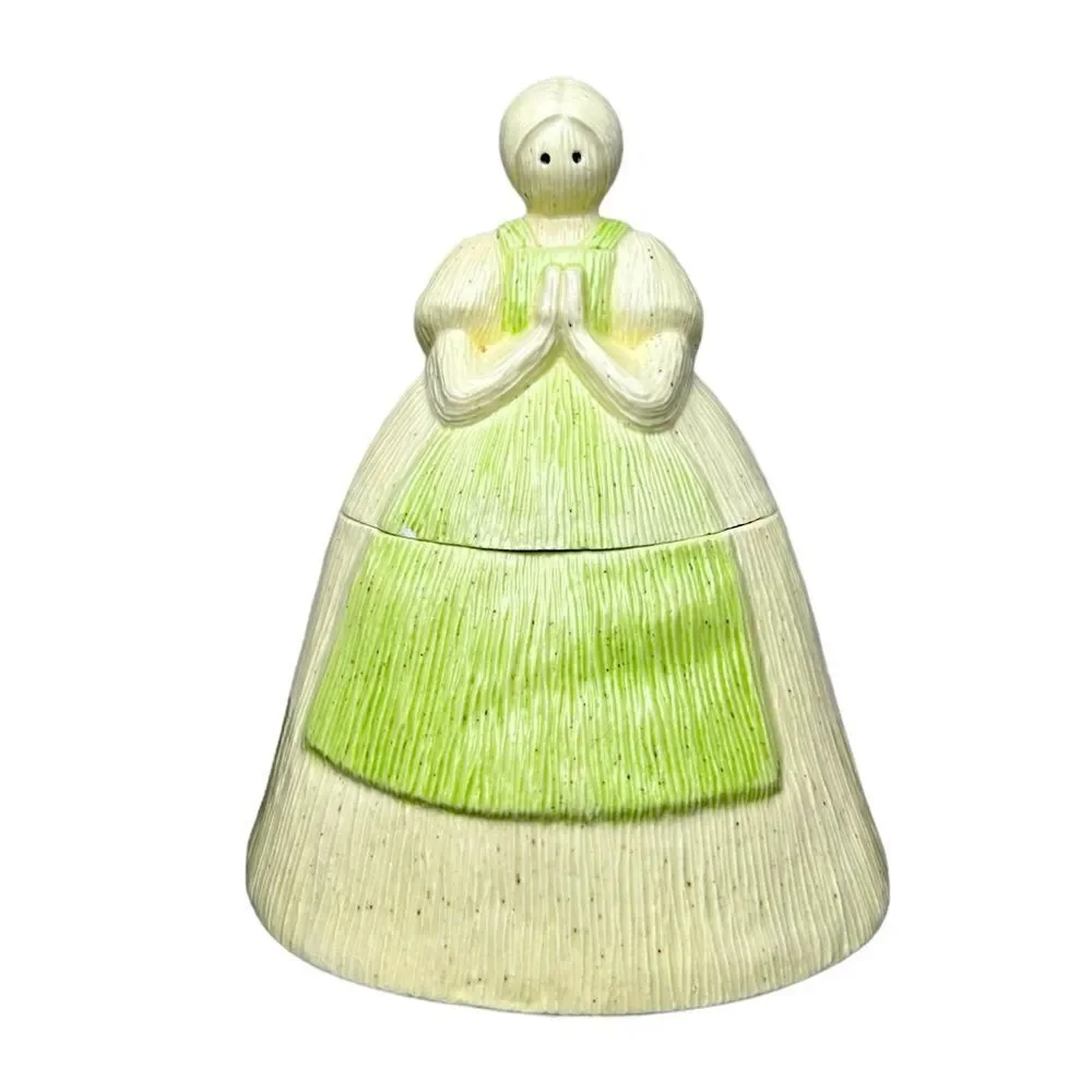Vintage Ceramic Cookie Jar Woman Praying Hands Mint Green Apron 9